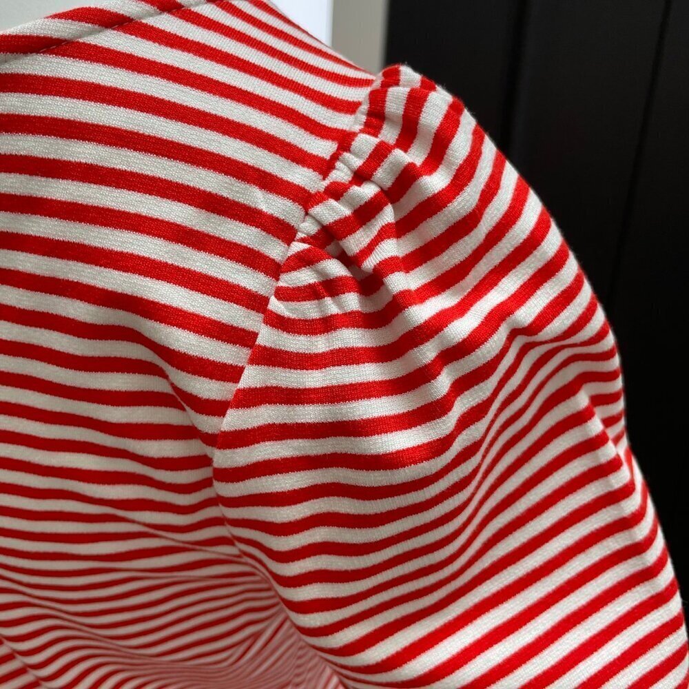 Ann Taylor Petite SS Jewel Neck Striped Midi Dress Orangey Red White Sz 6P NWOT - Picture 10 of 13